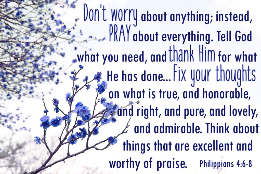 Philippians 4:6-8 - Don't worry about anything; instead, pray about everything. Tell God what you need, and thank Him for what He has done... Fix your thoughts on what is true, and honorable, and right, and pure, and lovely, and admirable. Think about things that are excellent and worthy of praise. 