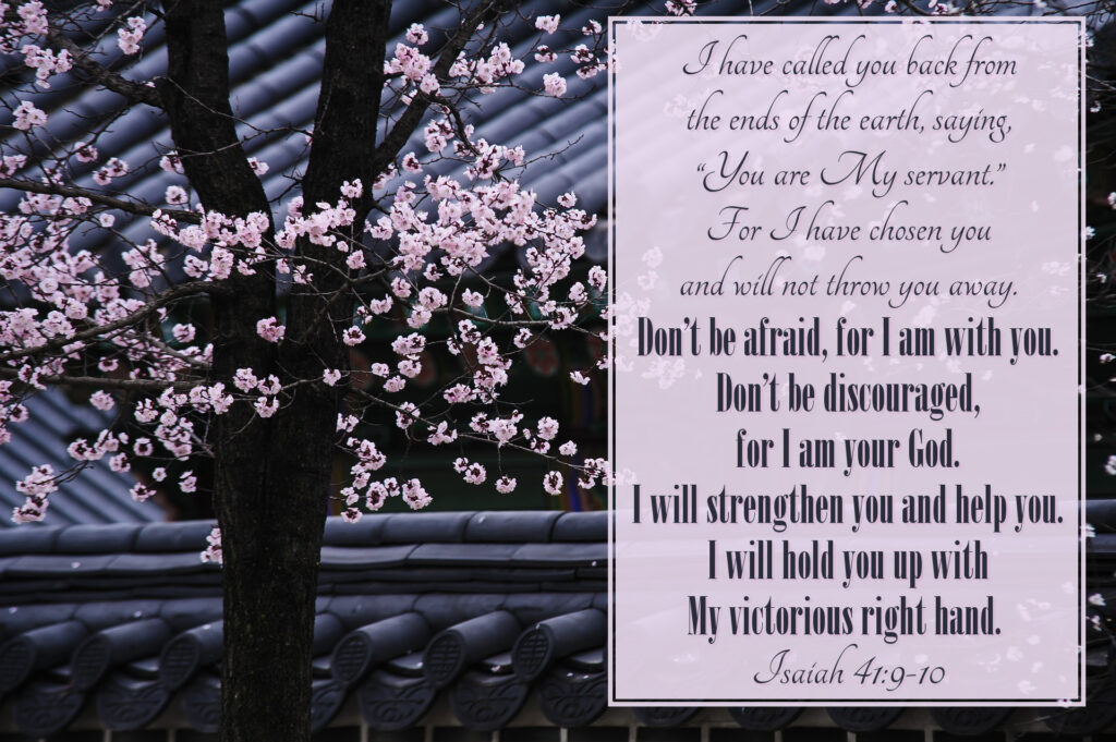 I have called you back from the ends of the earth, saying, “You are My servant.” For I have chosen you and will not throw you away. Don’t be afraid, for I am with you. Don’t be discouraged, for I am your God. I will strengthen you and help you. I will hold you up with My victorious right hand. Isaiah 41:9-10