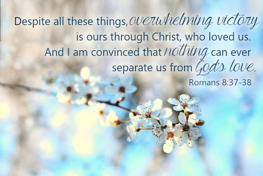 Romans 8:37-38 - Despite all these things, overwhelming victory is ours through Christ, who loved us. And I am convinced that nothing can ever separate us from God's love.