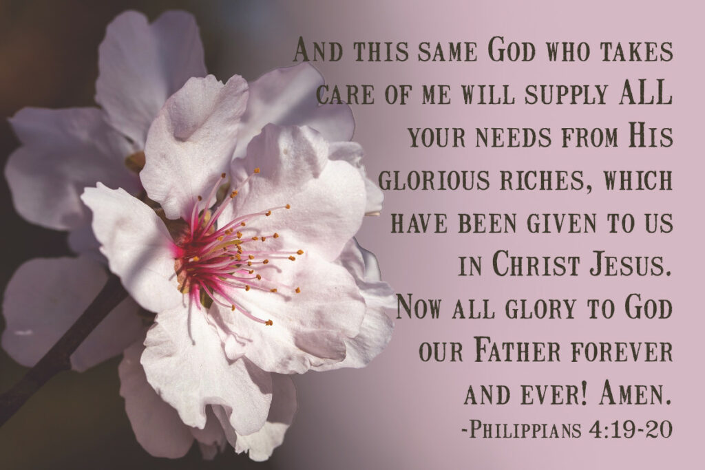 And this same God who takes care of me will supply all your needs from His glorious riches, which have been given to us in Christ Jesus. Now all glory to God our Father forever and ever! Amen. Philippians 4:19-20